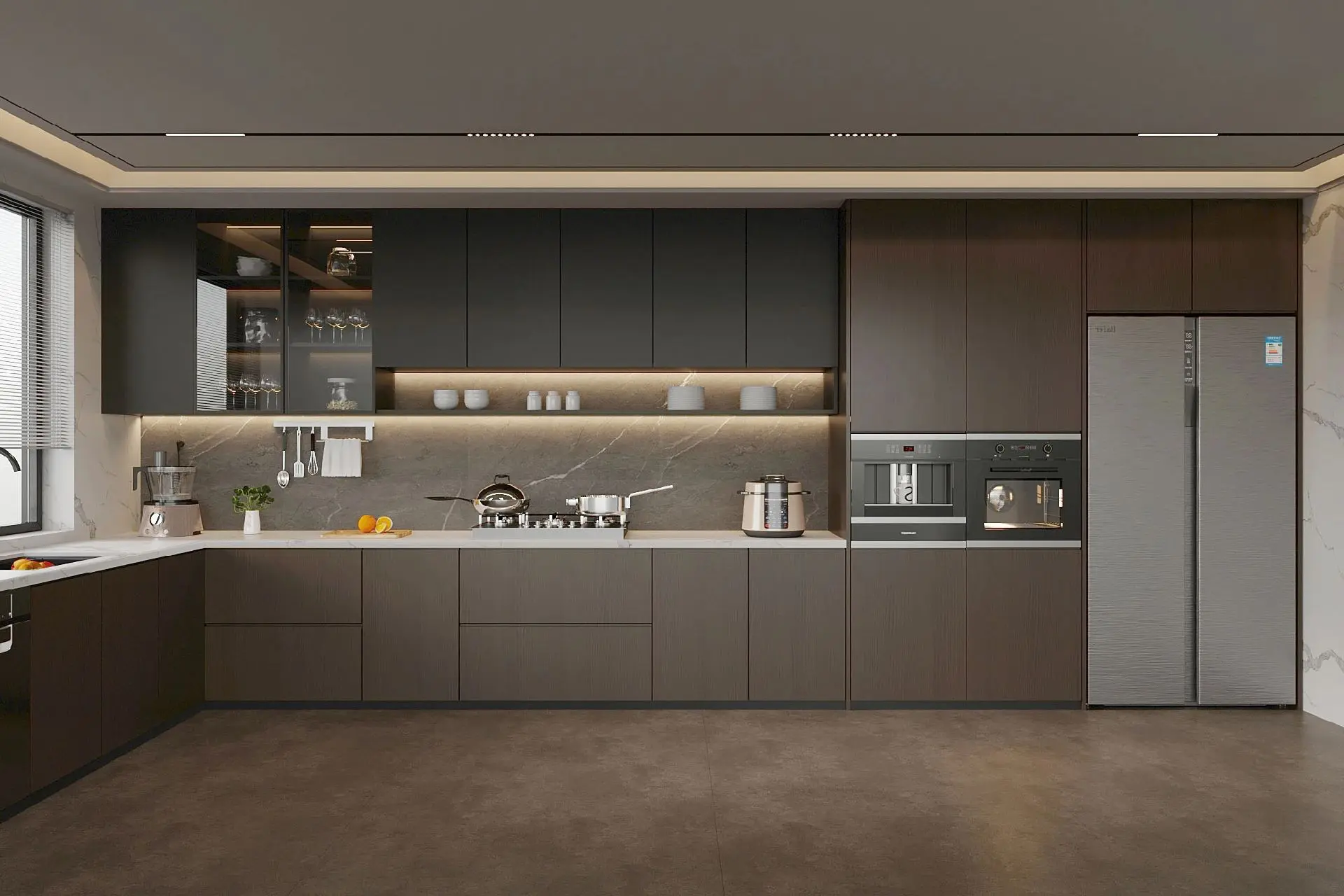 alt="Mẫu bếp chữ L đẹp tone nâu trầm – Nội thất Nicelife"