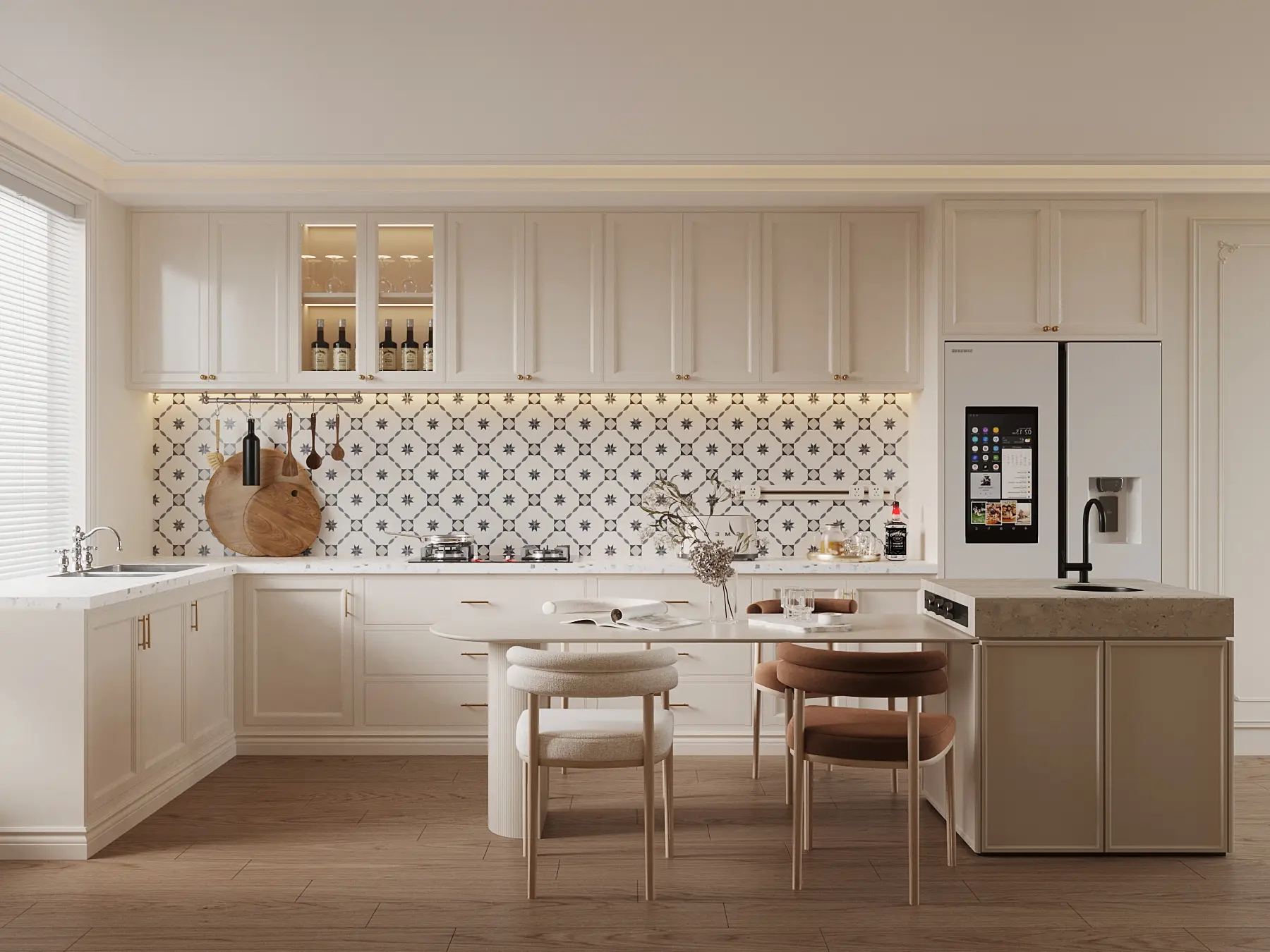 alt="Mẫu bếp chữ L đẹp hiện đại tone gỗ sáng hiện đại– Nội thất Nicelife"