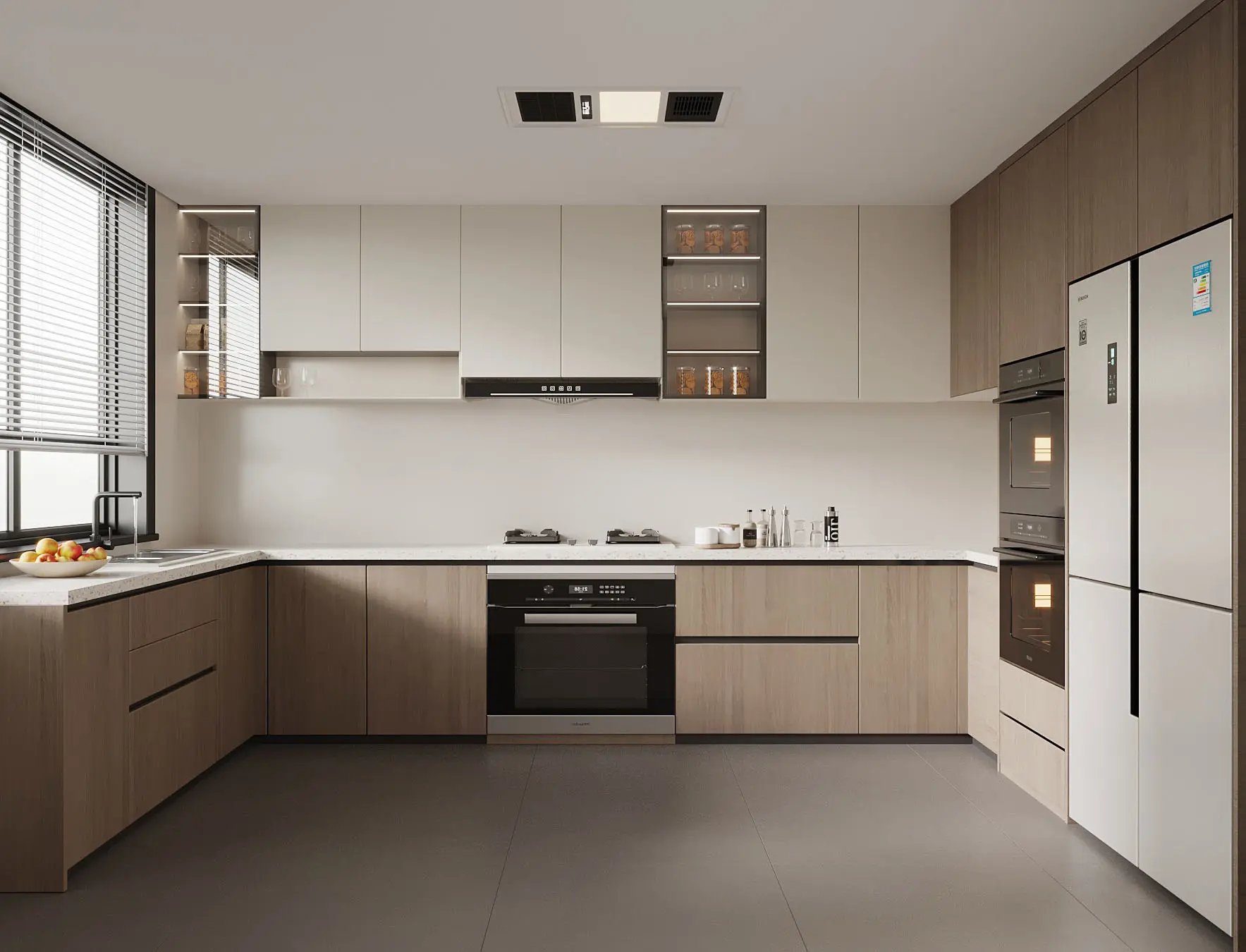 alt="Mẫu bếp chữ L 3D hiện đại thi công bởi Nội Thất Nicelife"