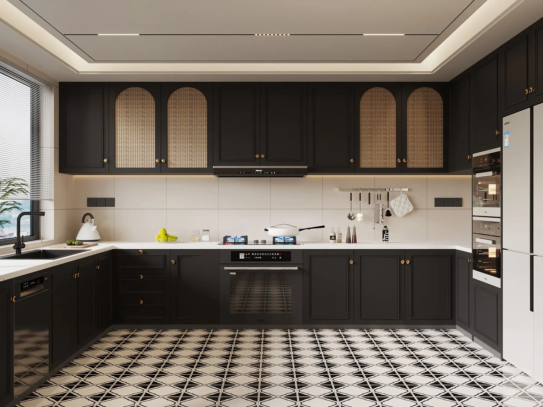 alt="Mẫu bếp chữ L đẹp tông đen nhám– Nội thất Nicelife"