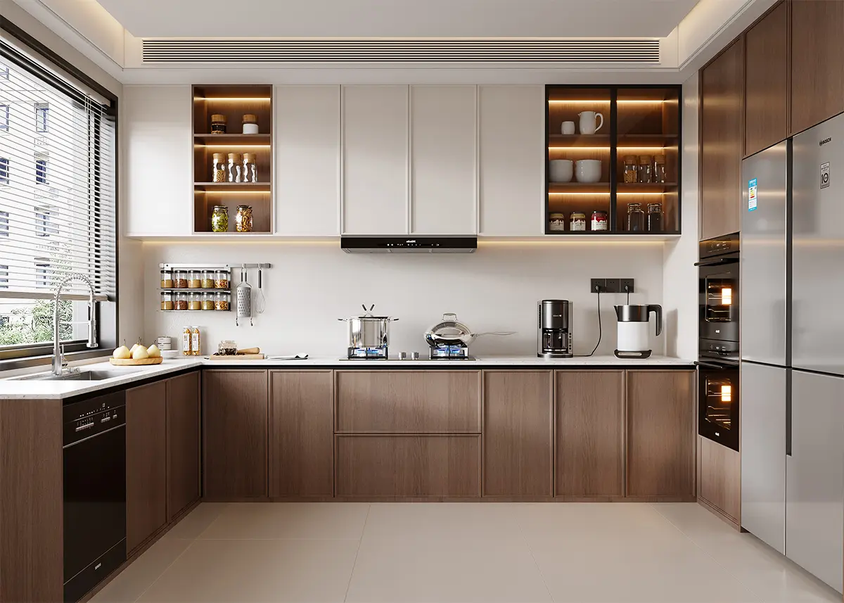 alt="Mẫu bếp chữ L tủ cao kịch trần – Nội thất Nicelife"