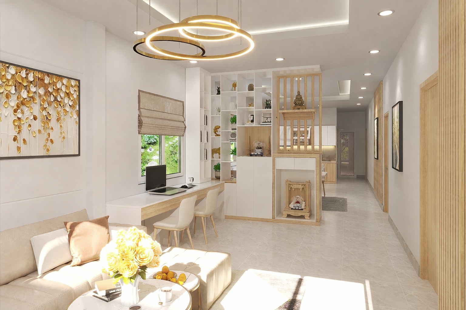 thiết kế nội thất nhà phố 250m2 phòng khách 3D hiện đại